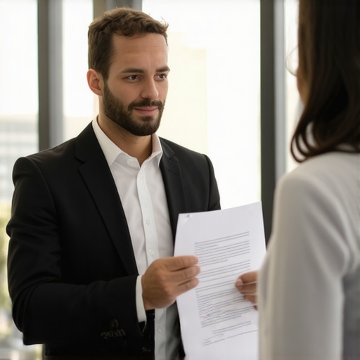 Abogado asesorando a inmigrante con documentos en oficina
