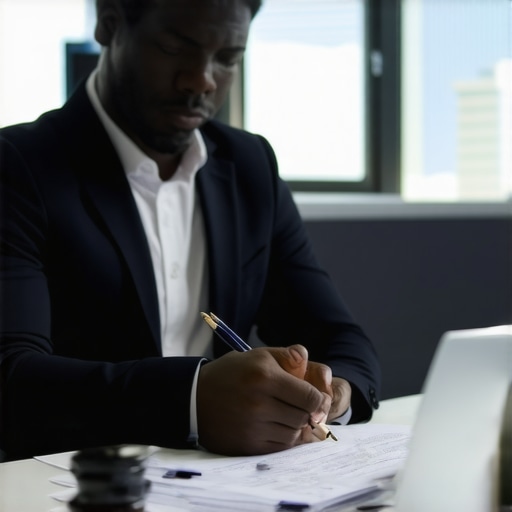 Inmigrante y abogado revisando documentos legales en oficina moderna