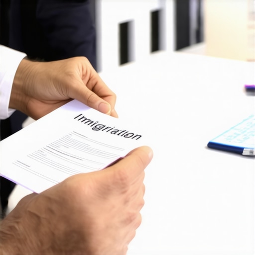 A person consulting with a lawyer over immigration documents in an office setting