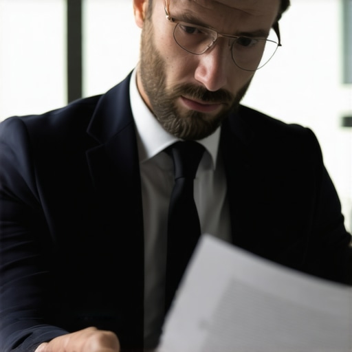 Abogado revisando documentos en una oficina moderna, atención al detalle y profesionalismo