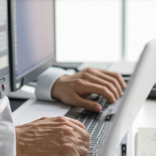 Organización digital para inmigrantes Persona organizando documentos en una laptop con papeles legales en un escritorio.