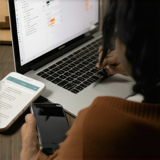 Digital Organization for Immigration Processes Person managing immigration documents using laptop and smartphone, illustrating effective planning tools.