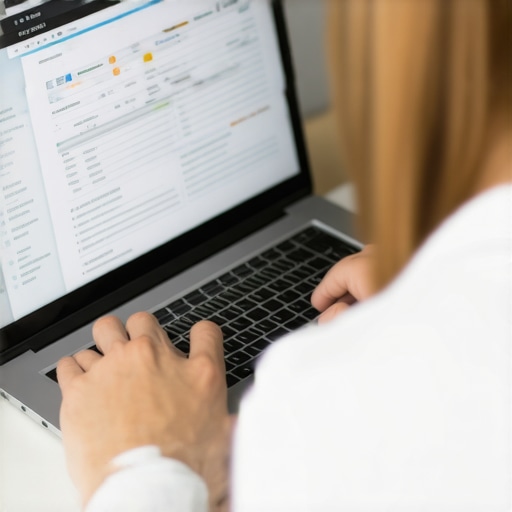 Gestión digital en procesos migratorios Persona trabajando en una laptop revisando documentos de inmigración