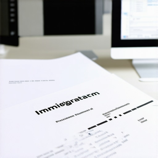 Organizador digital con documentos de inmigración y herramientas legales en un espacio de trabajo moderno