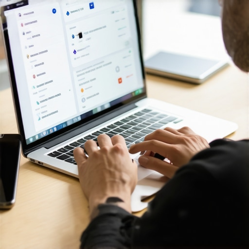 Persona gestionando trámites de inmigración con tecnología moderna en oficina