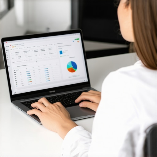 Organización efectiva en inmigración con tecnología moderna. Persona gestionando documentos y tareas de inmigración usando software en su laptop.