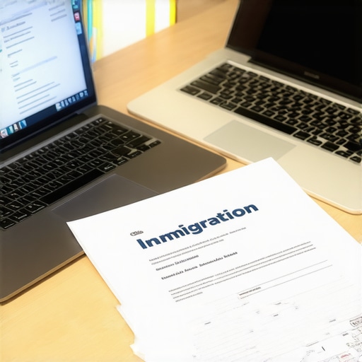 A clean and organized desk with immigration documents, a laptop, and folders indicating efficient management of immigration process.