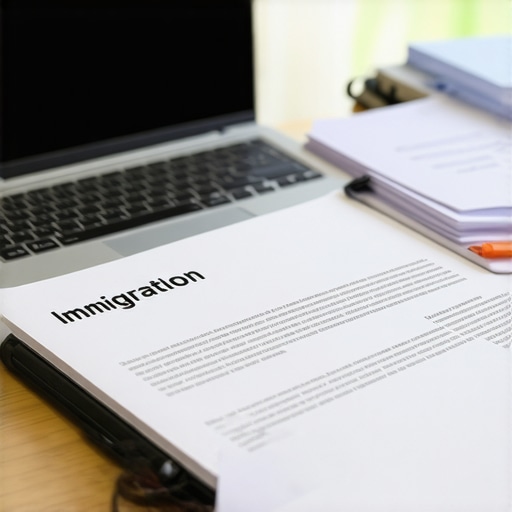 A neat workspace with a laptop, files, and legal documents prepared for immigration process