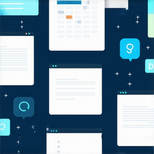 Workspace organizado para gestión migratoria digital Ilustración de un espacio de trabajo digital con documentos de inmigración, calendario y aplicaciones de mensajería segura