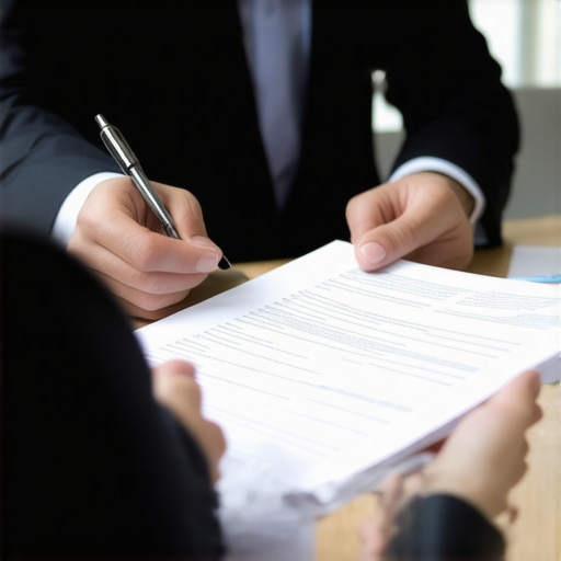 Immigration lawyer analyzing legal documents with a client in an office setting.