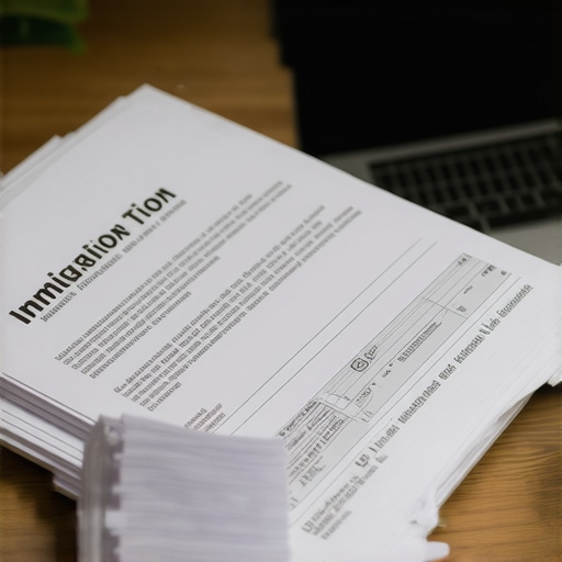 Person managing immigration documents digitally at a desk