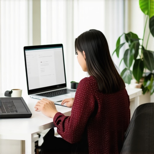 Organized Digital Workspace for Immigration Individual arranging documents and managing digital tools on a computer for immigration purposes
