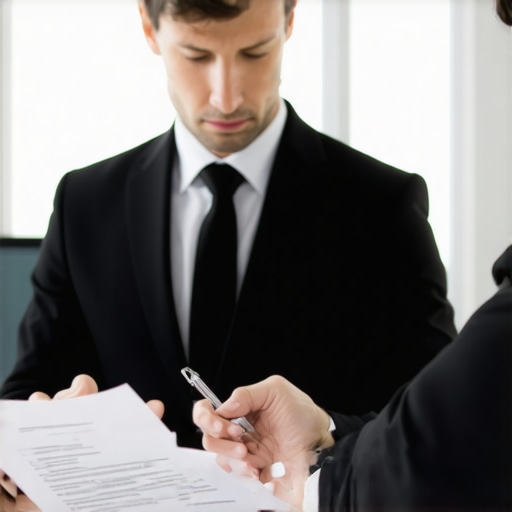 Abogado de inmigración revisando papeles con un cliente en una oficina moderna para obtener un permiso de trabajo