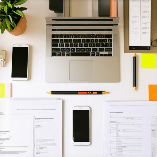 Persona gestionando documentos migratorios en una oficina moderna con computadora y smartphone