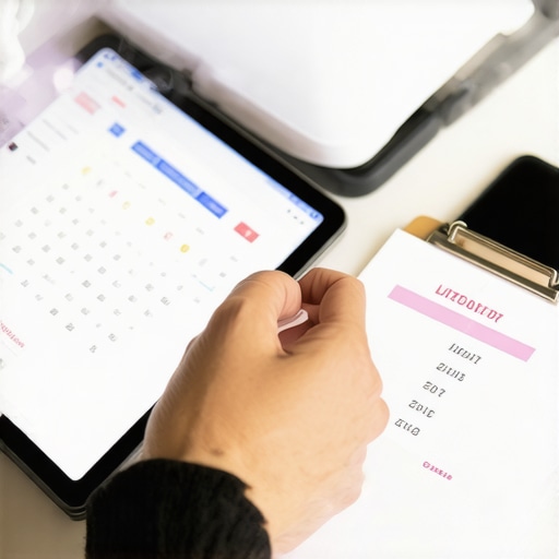 Person managing digital documents and calendar for immigration process in office
