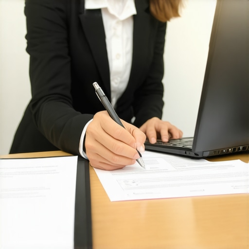 Abogado de inmigración asesorando a un cliente con documentos legales y ordenador