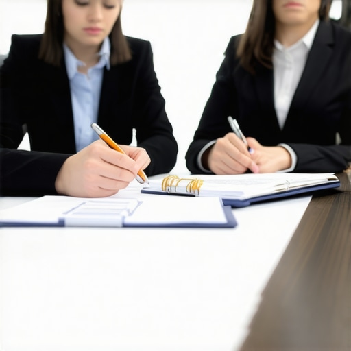 Immigrant discussing case documents with lawyer in modern office