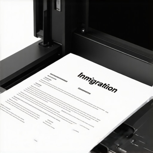 Escáner profesional digitalizando documentos de inmigración de alta calidad.