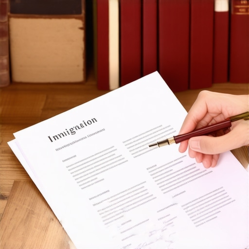 An experienced immigration lawyer examining legal documents in an office setting with law books.