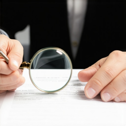 Lawyer examining immigration paperwork closely with a magnifying glass
