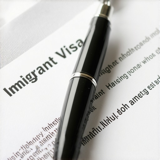 A professional reviewing immigration paperwork with a pen and official documents in a well-lit office setting