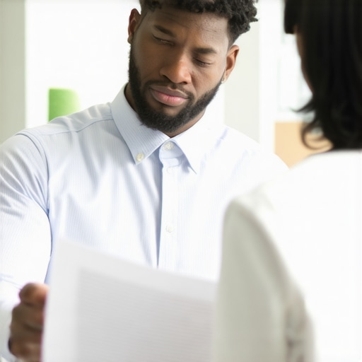 Immigration lawyer analyzing case documents with a client