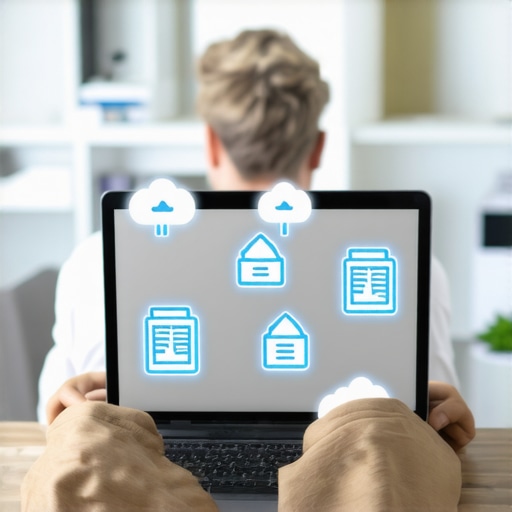 Persona gestionando documentos digitales en laptop con íconos de almacenamiento en la nube