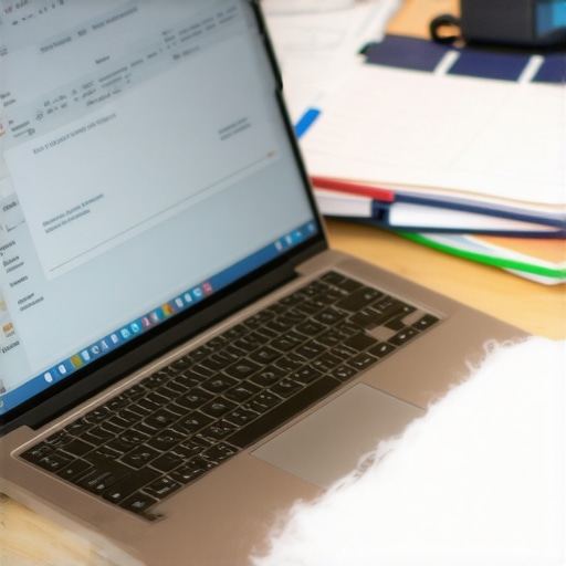 Person arranging digital files related to immigration on a laptop with legal references nearby.