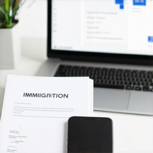 A person using a digital tablet and laptop to manage immigration paperwork efficiently in a modern workspace.