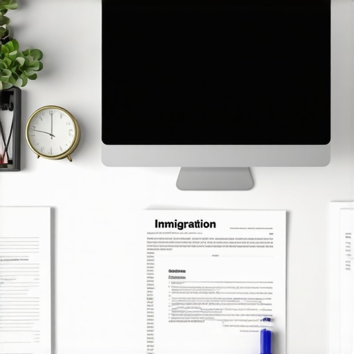 An organized professional workspace with legal documents and a computer, emphasizing efficiency in immigration law practice.