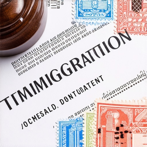 Close-up de documentos oficiales migratorios con fechas y sellos en una mesa