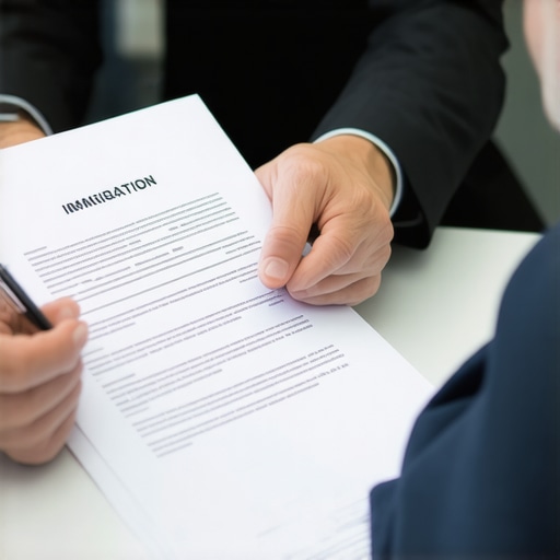 Lawyer examining immigration paperwork with a client in an office setting.