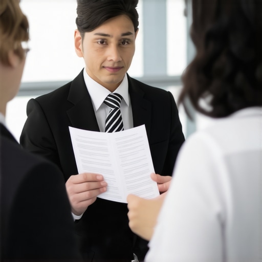 Immigration lawyer analyzing legal documents with a client in an office setting.