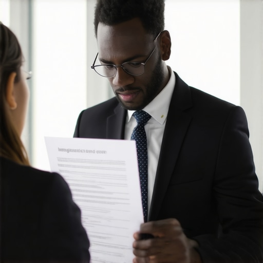 Immigration lawyer advising client with documents in office