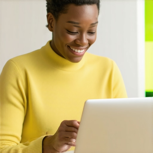 Persona gestionando documentación migratoria en una oficina moderna con laptop