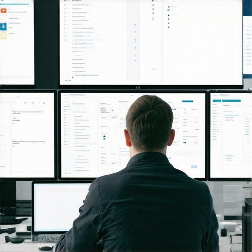 Persona organizando documentos migratorios digitales en una computadora con monitores