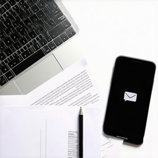 Espacio de trabajo que muestra documentos legales, laptop y teléfono móvil con aplicaciones de mensajería segura, facilitando la gestión migratoria.