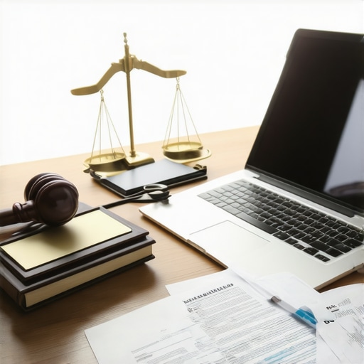 Mensaje visual de un espacio de trabajo organizado con tecnología y documentación legal