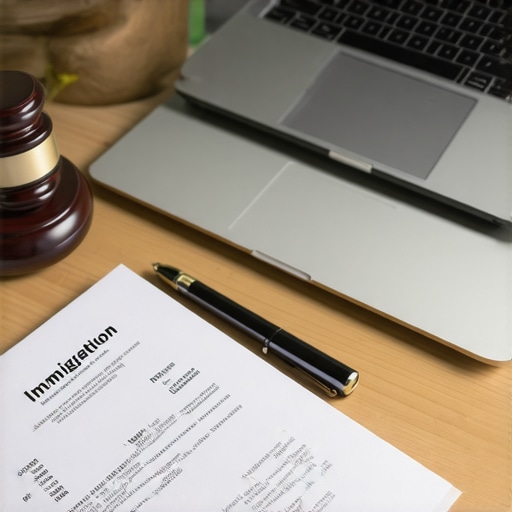 Espacio de trabajo digital con documentos importantes y tecnología para inmigración