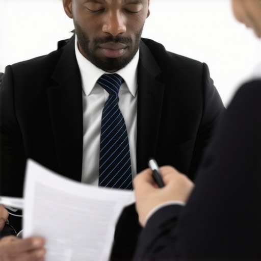 Immigration lawyer analyzing documents with client in office.