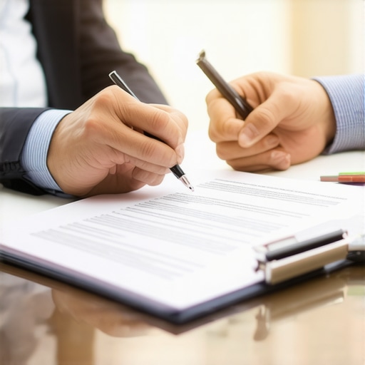 Immigration lawyer advising client with documents in office.