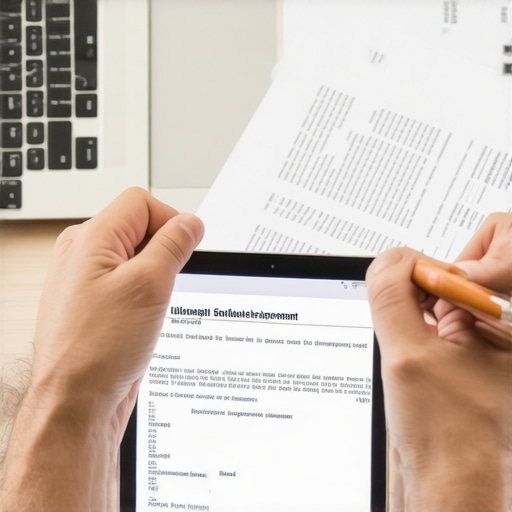 Persona organizando documentos migratorios en una tableta digital con laptop y papeles