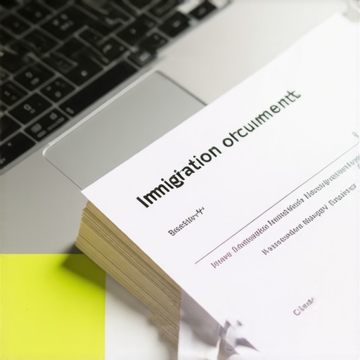 Persona usando un ordenador para gestionar documentos migratorios