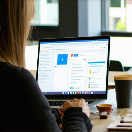 Persona gestionando su trámite migratorio con aplicaciones digitales en una oficina ordenada.