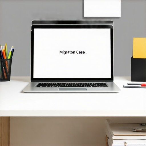 A workspace with digital tools for managing immigration cases, showing a laptop with case management software and organized documents.