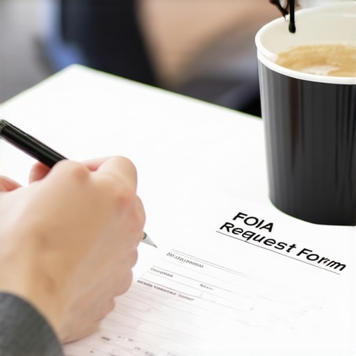 Persona completando una solicitud FOIA en un escritorio con documentos y lápiz