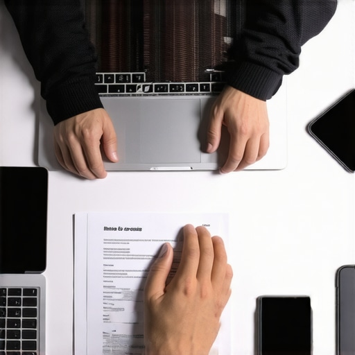 Persona gestionando documentos legales en línea con dispositivos electrónicos