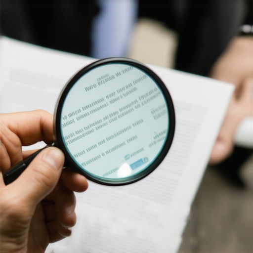 Person examining documents for authenticity with a magnifying glass, emphasizing meticulous review.