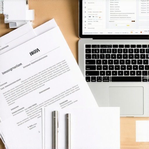 Photo of a lawyer's workspace with immigration documents and a computer