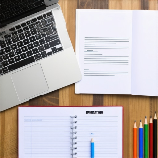 Office setup with organized immigration documents, laptop, and calendar for process management